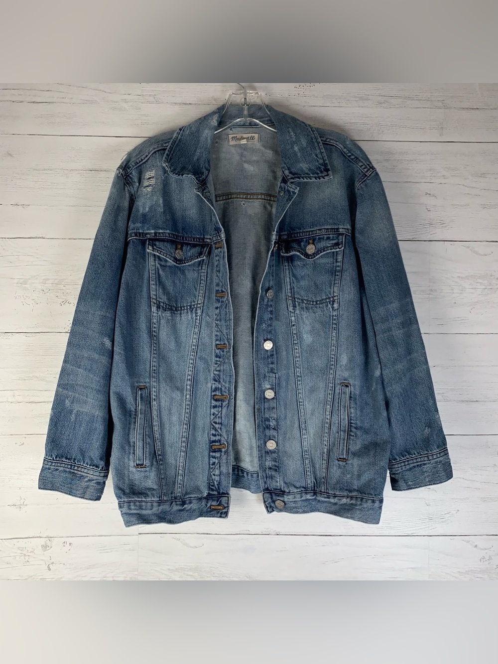 Madewell The Oversized Jean Jacket Distressed bleached Womens M w/pockets